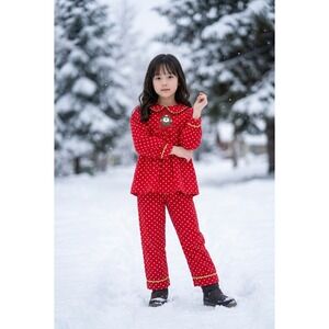 Mom & Me Girls Red Polka Dot Smocked Santa Christmas Pajamas Set Size 5
